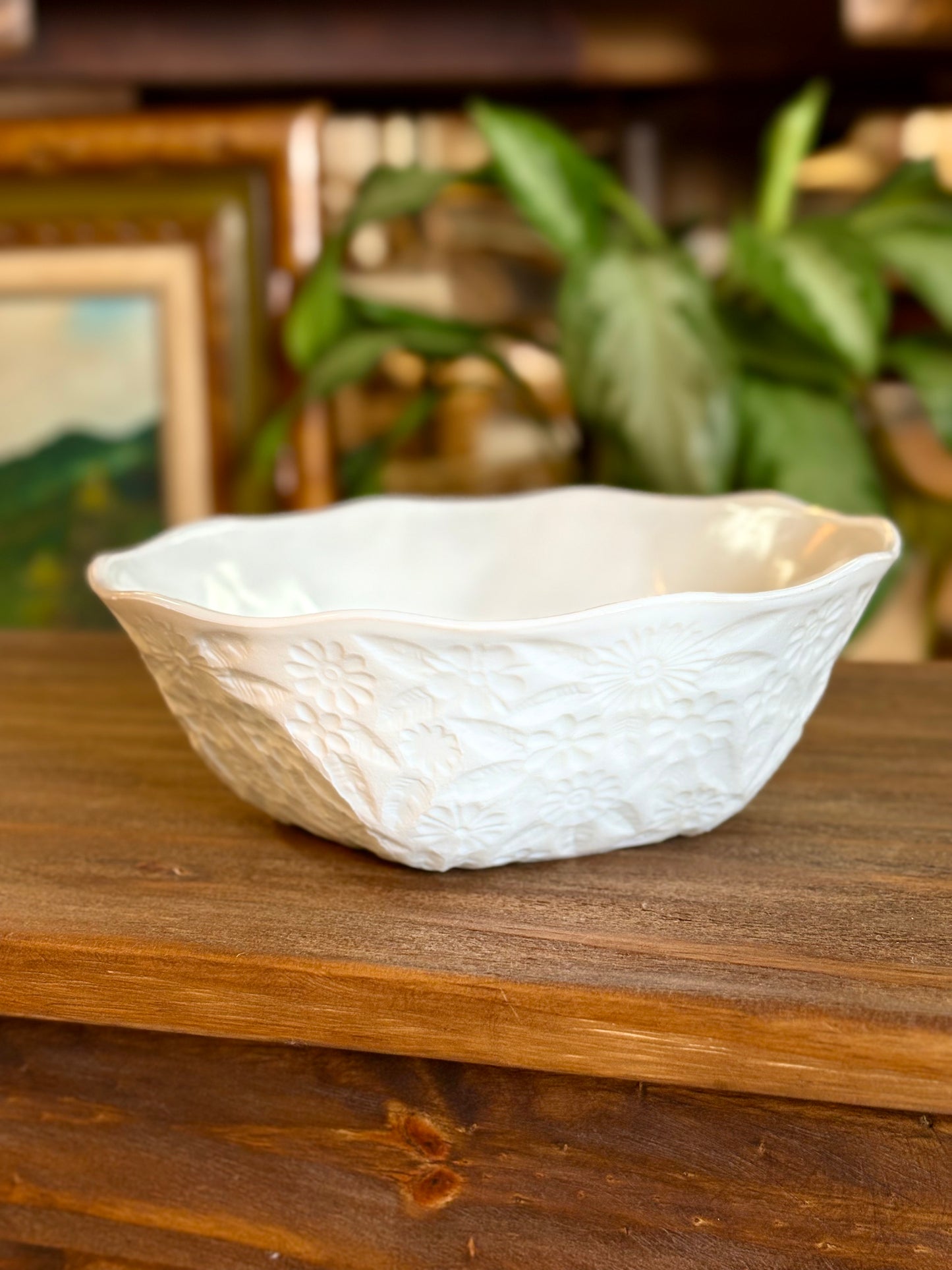 Milk Glass Basket with Dogwood Flower Design