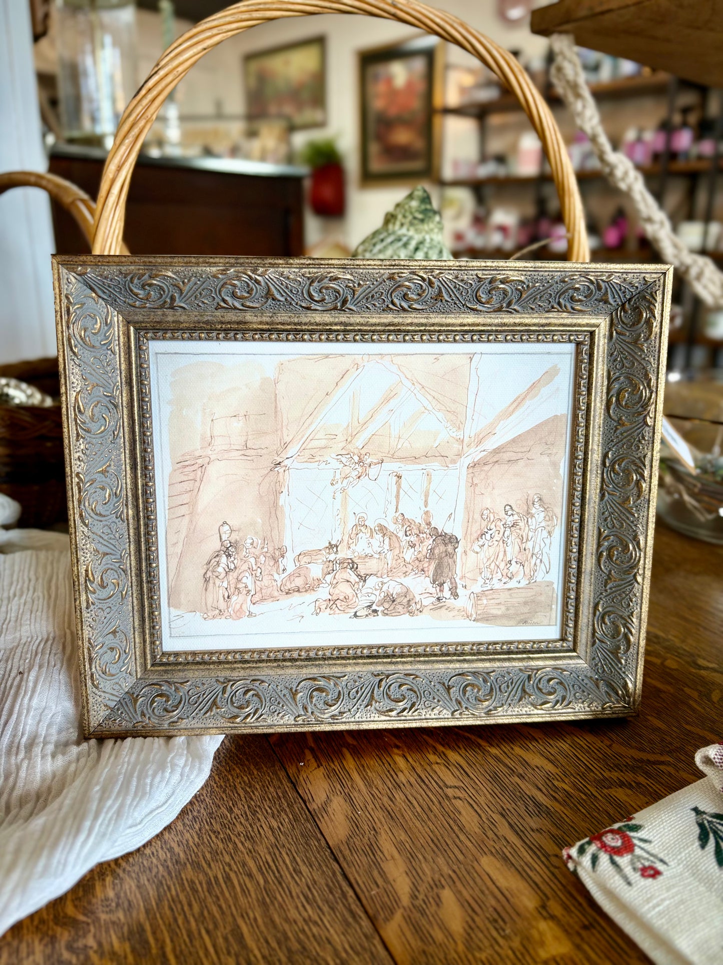 Nativity of Christ Framed Antique Art: 10x8