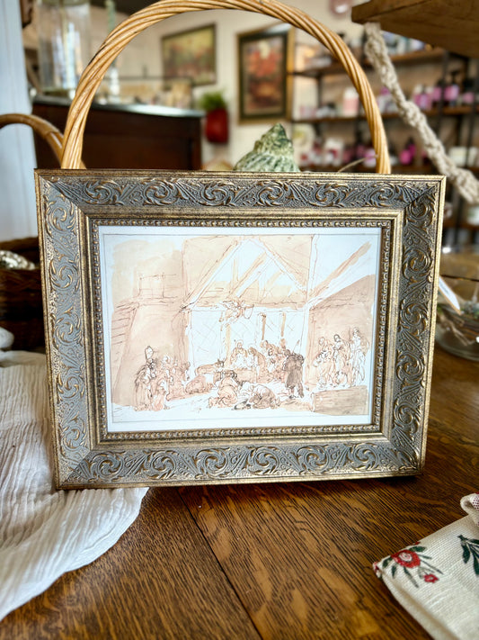 Nativity of Christ Framed Antique Art: 10x8