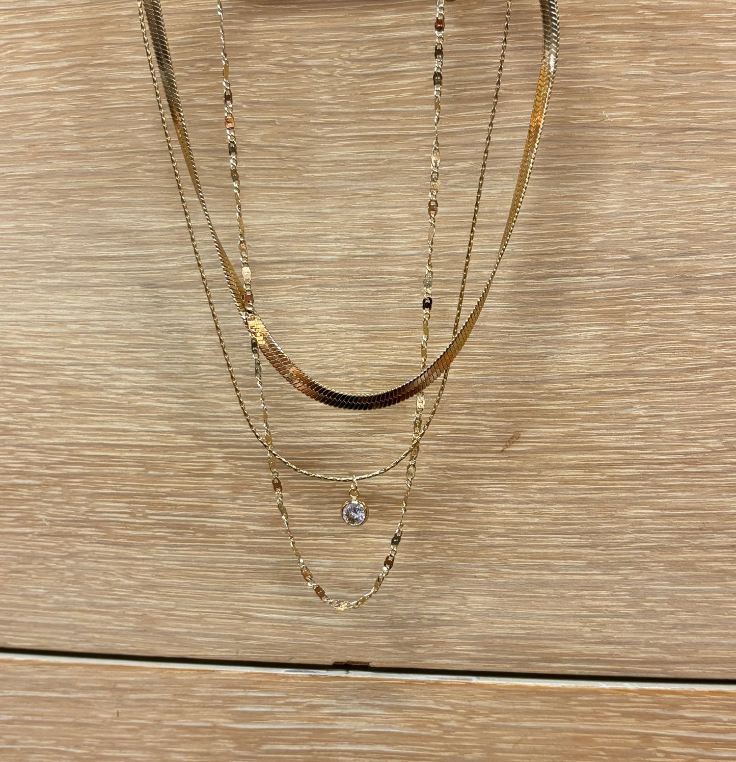 Gold Three Layer Rhinestone Pendant Necklace