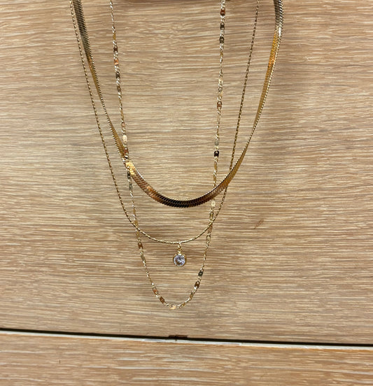 Gold Three Layer Rhinestone Pendant Necklace