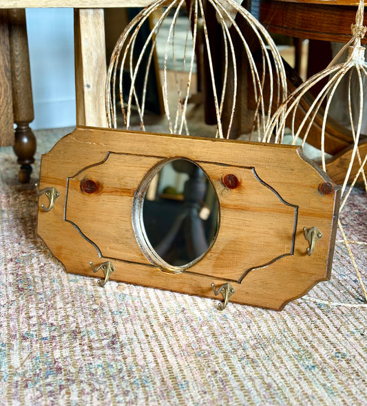Vintage Wooden Coat Rack with Mirror