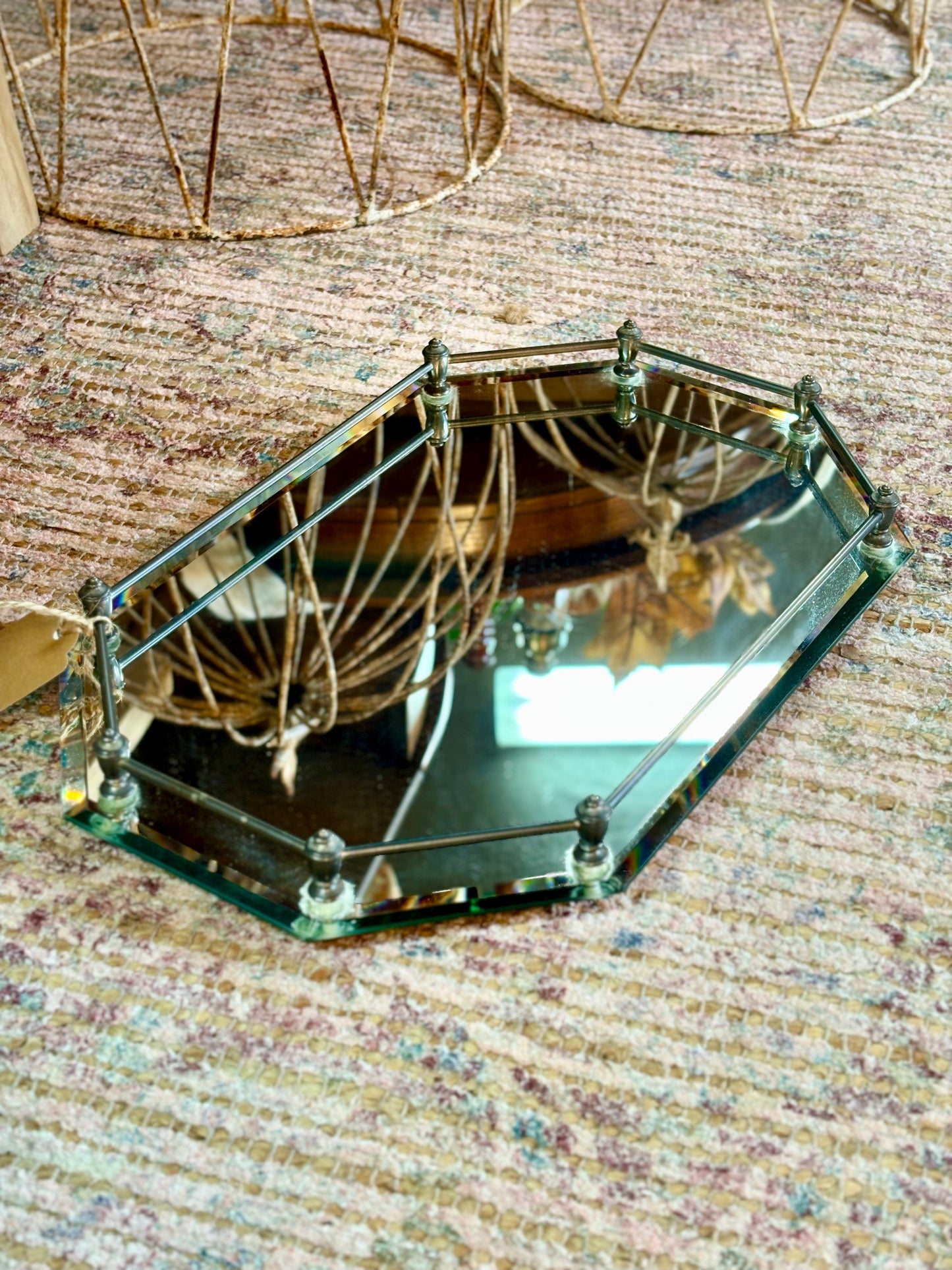 Vintage Mirrored Brass Octagon Vanity Tray
