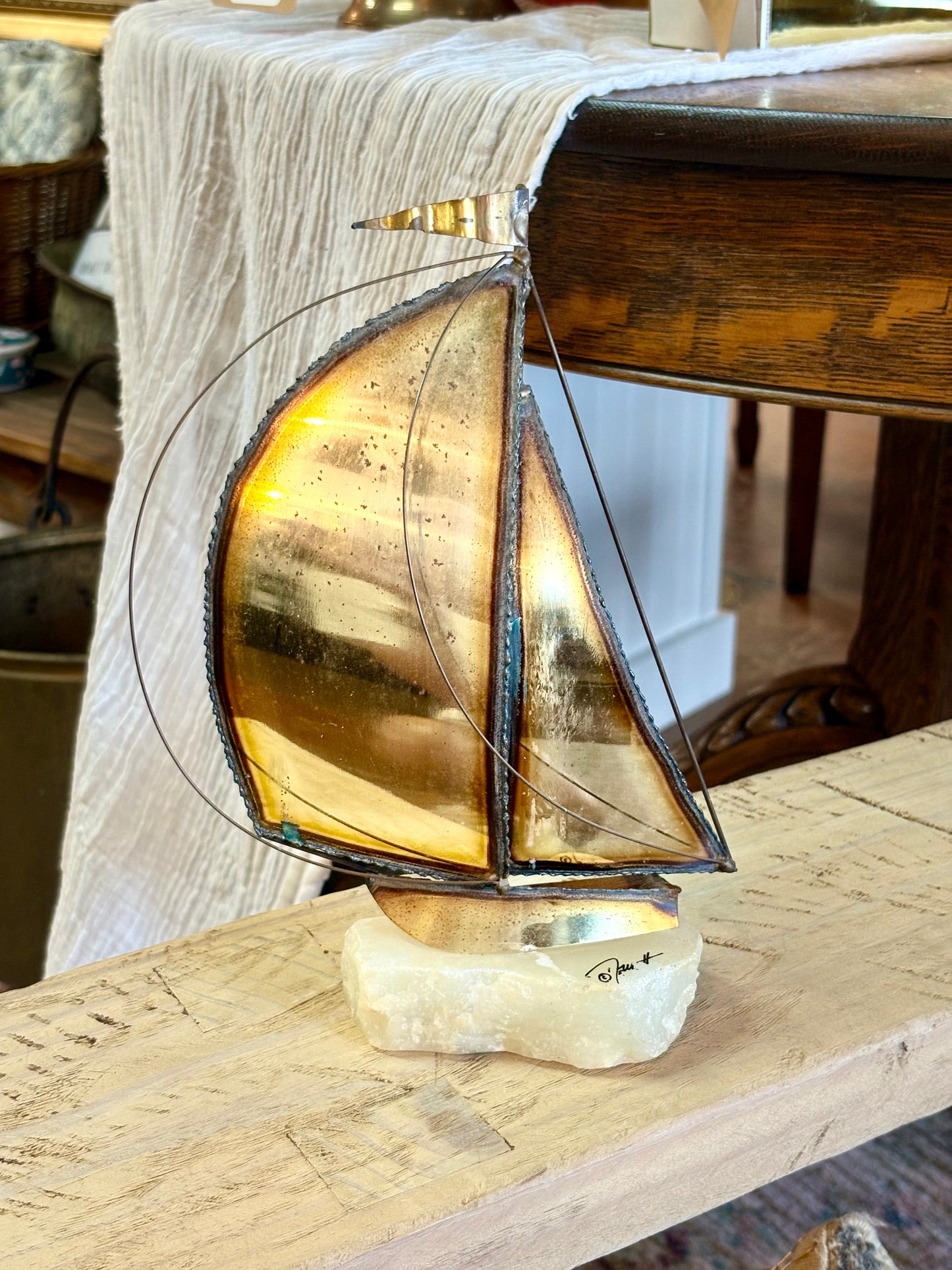 Vintage Demott Brass Sail Boat on Onyx Base (S)