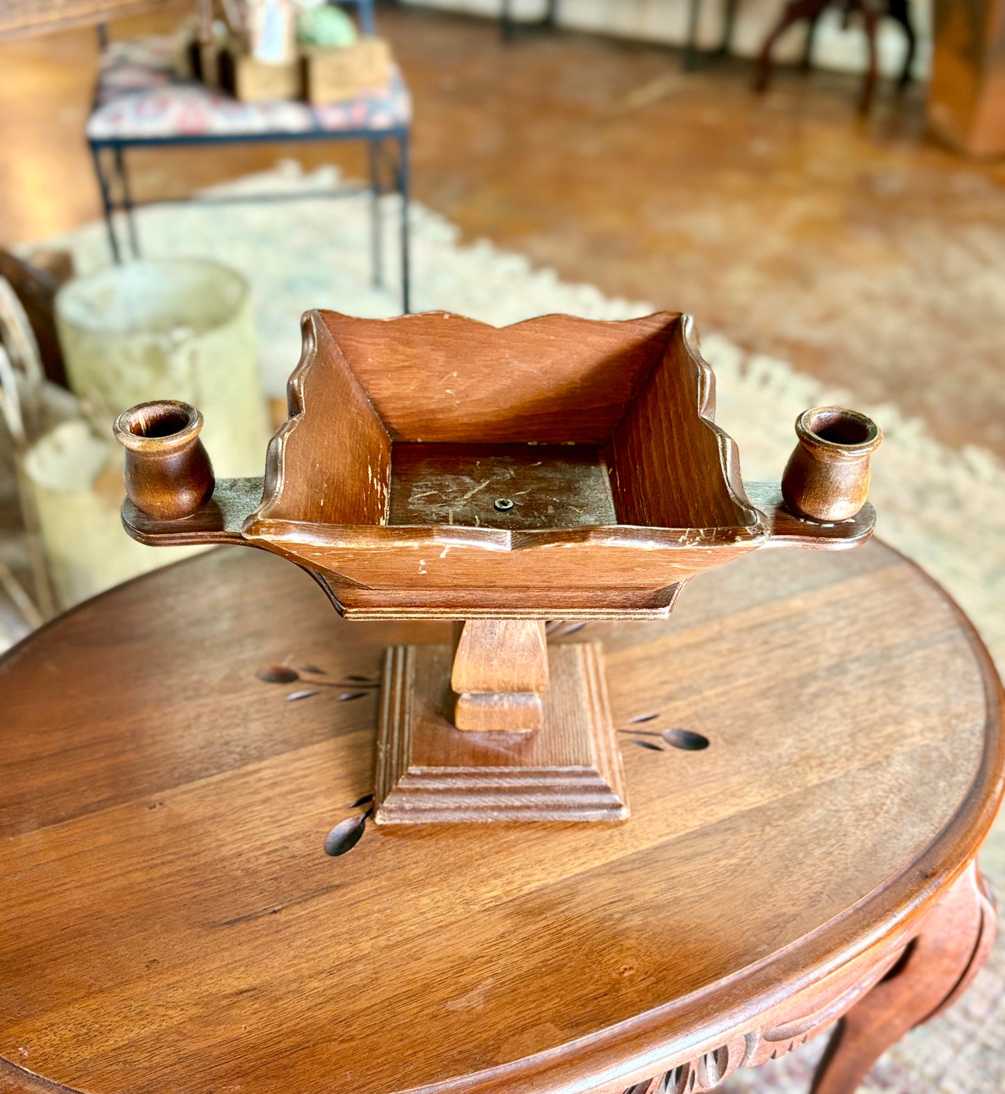 Vintage Wooden Double Candlestick Holder with Bowl