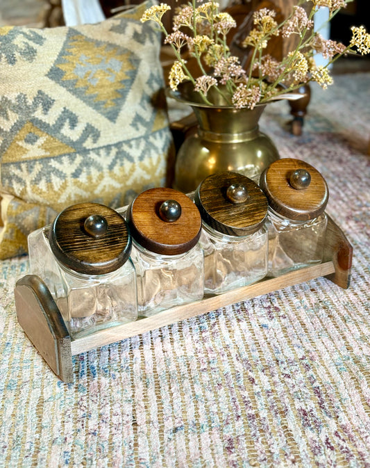 Vintage Glass Canister Set with Wooden Lids & Base (set of four)