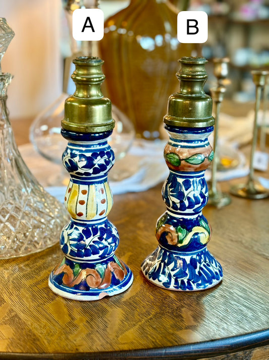 Talavera Hand Painted Pottery Candlestick with Brass Toppers