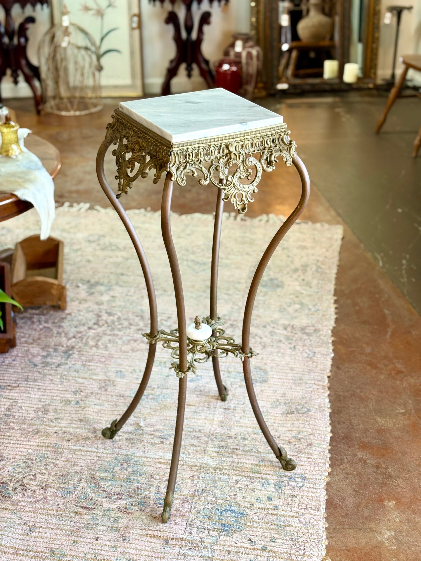 Antique Brass & Marble Ornate Square Pedestal Table