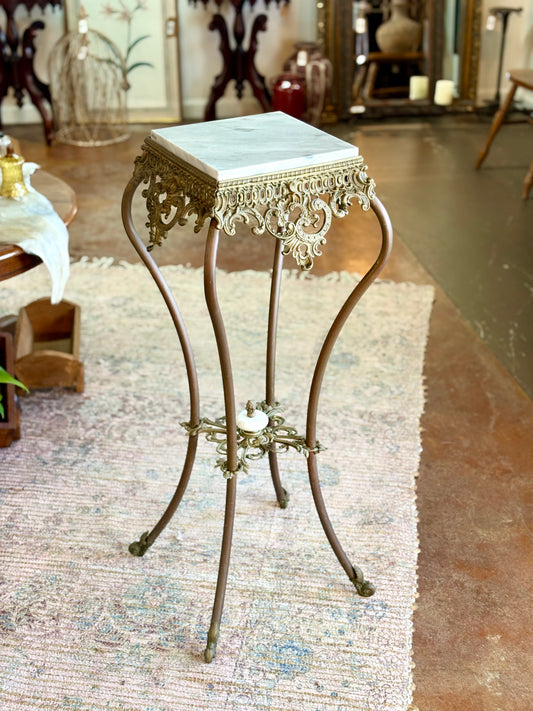 Antique Brass & Marble Ornate Square Pedestal Table