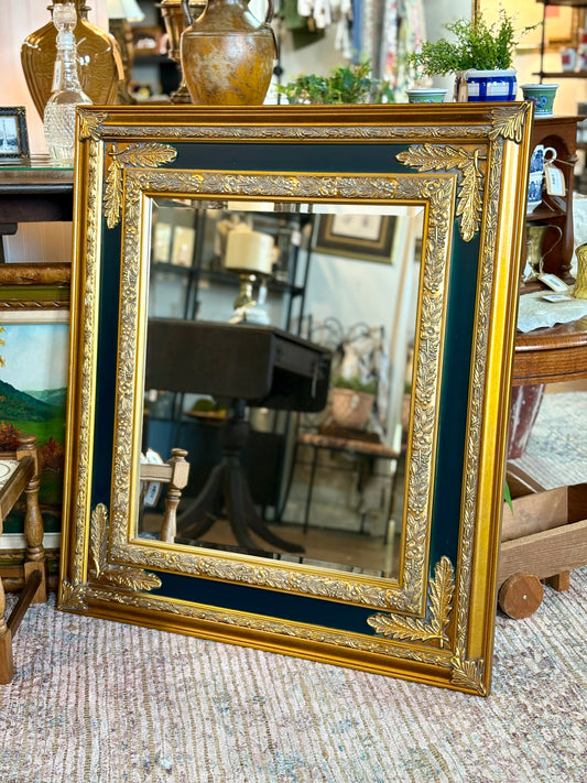 Vintage Green & Gold Mirror with Flower Detail 35.5”x 31.5”