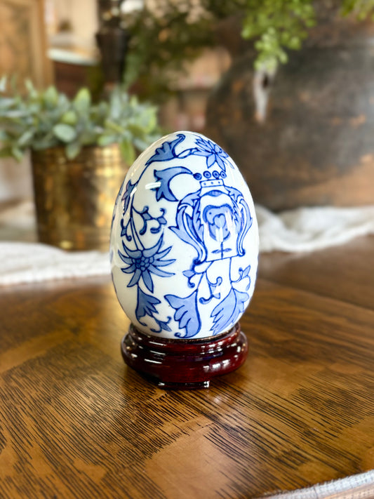 Vintage Blue & White Chinoiserie Egg on Wooden Base