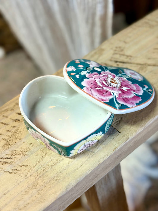 Vintage Rose Medallion Heart Shaped Trinket Box