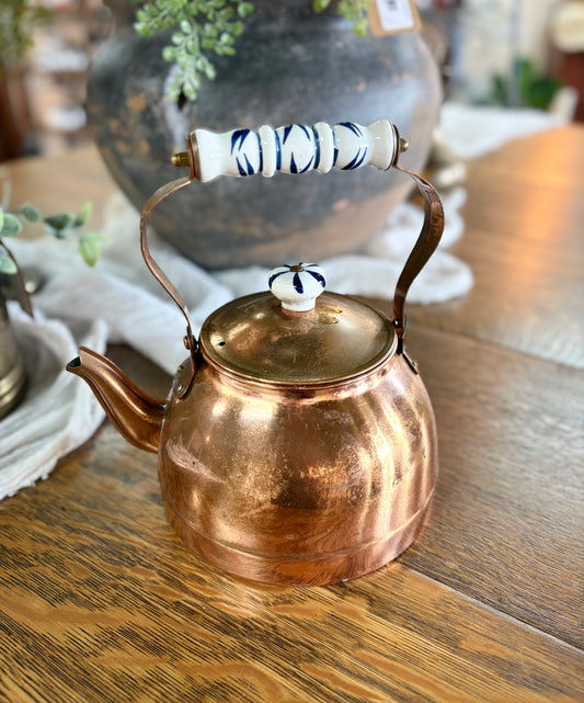 Vintage Copper Kettle with Blue & White Handle/Knob