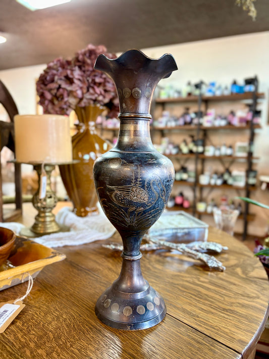 Vtg Brass Etched Bird/Flower Ruffle Vase