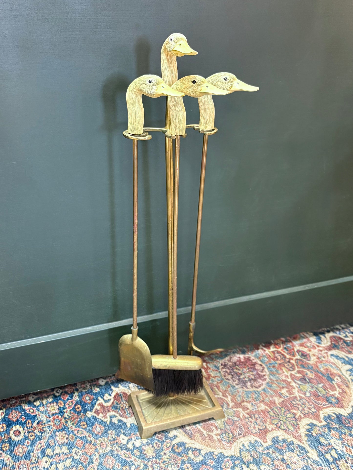 Vintage Carved Resin /Brass Duck Fireplace Tools