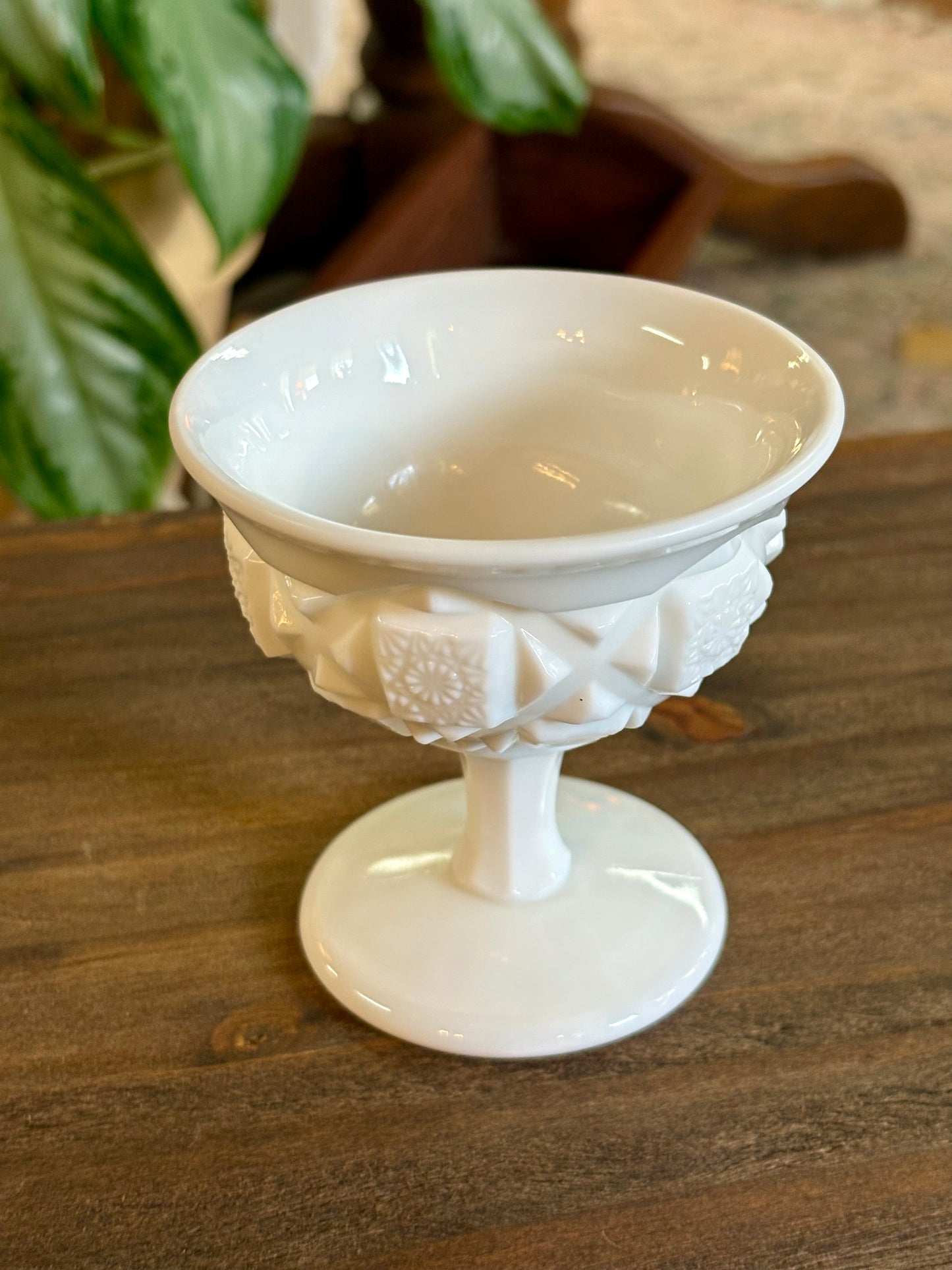 Old Quilt Milk Glass Footed Sherbert Dish