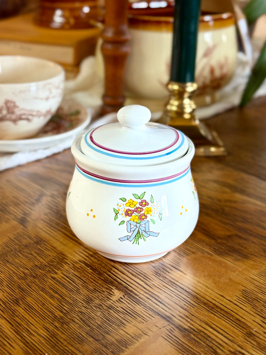 Vintage Ceramic Lidded Container with Flower Bouquet