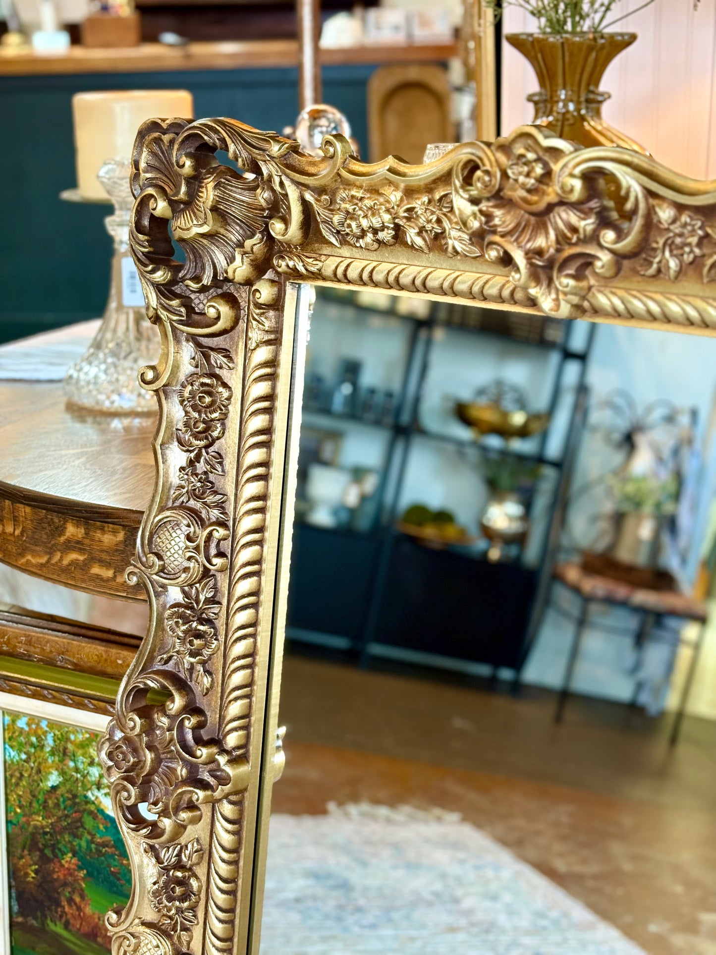 Vintage Ornate Gold Mirror with Flower Detail