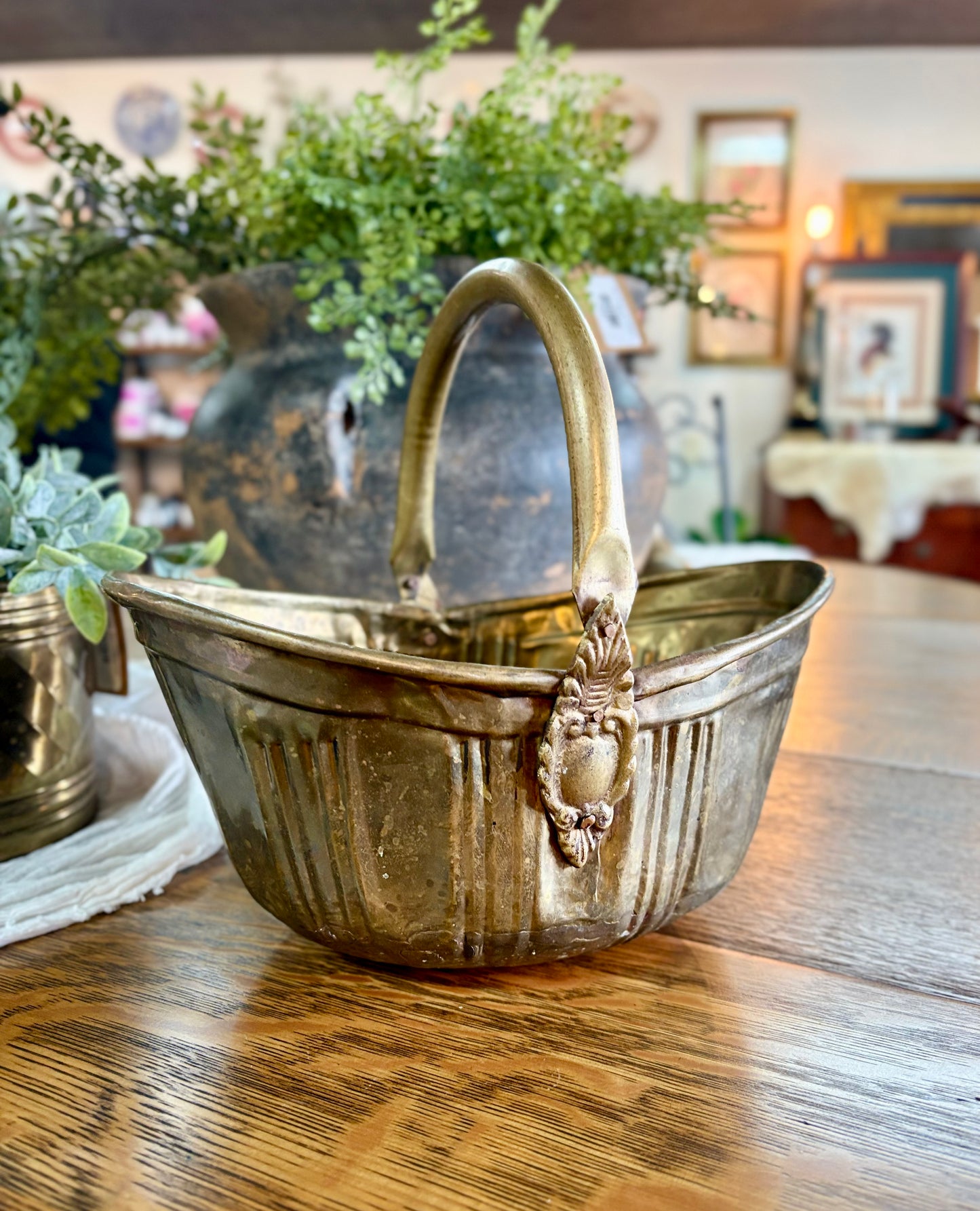 Vintage Hammered Oval Brass Basket