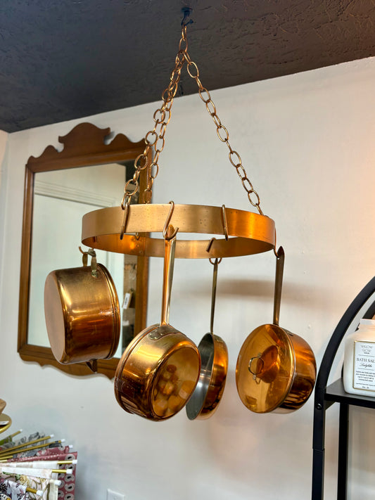 Vintage Copper Hanging Pot Rack with Four Stainless Steel Copper Finish Pans (6 Hooks)