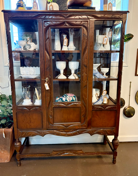 Vintage China Cabinet with Carved Detail
