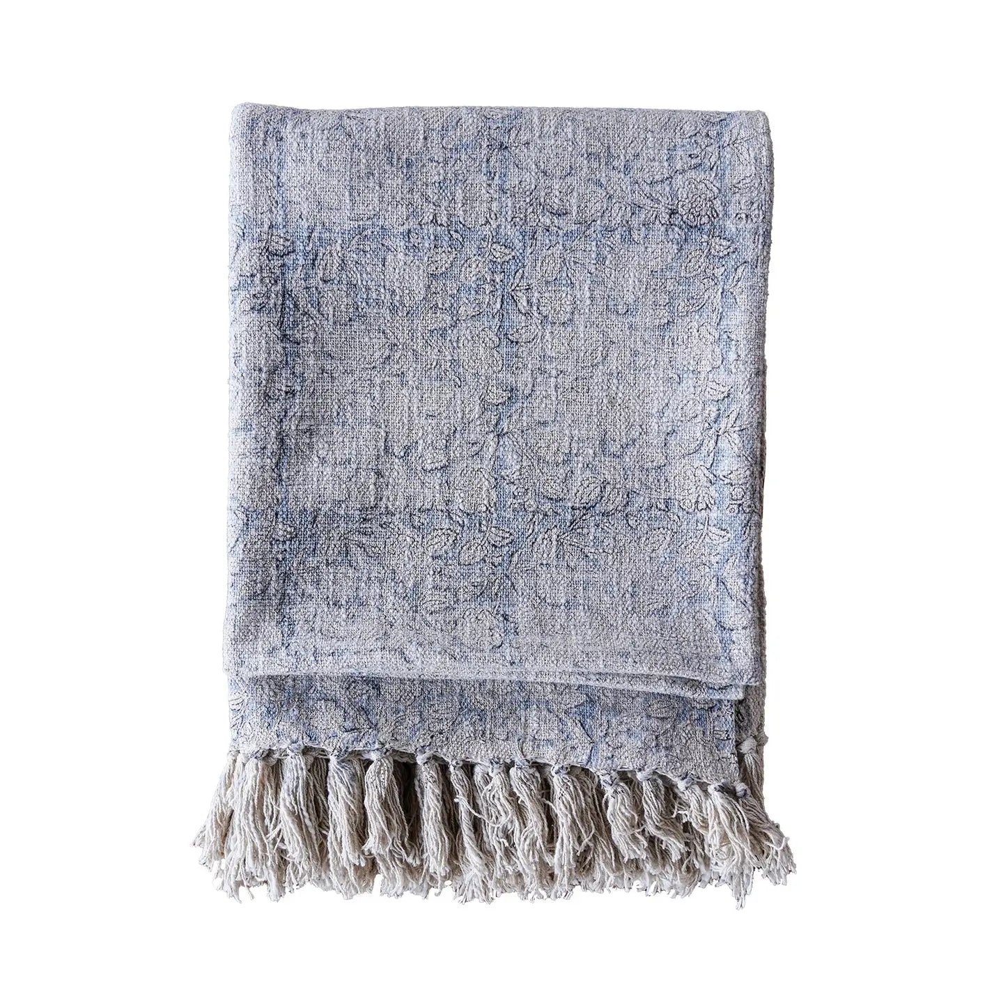 Handloom Cotton Block Print Throw Blanket- Blue