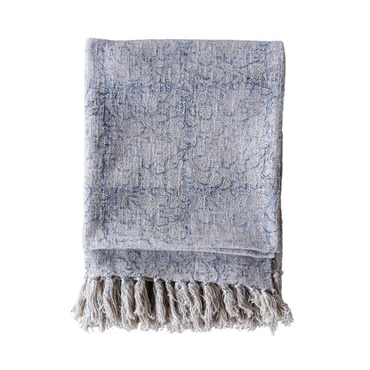 Handloom Cotton Block Print Throw Blanket- Blue