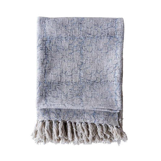 Handloom Cotton Block Print Throw Blanket- Blue