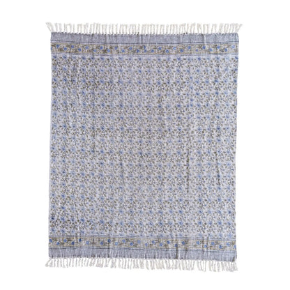 Handloom Cotton Block Print Throw Blanket- Blue & Golden Mustard