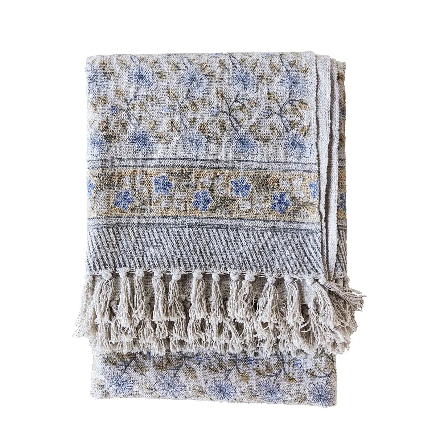 Handloom Cotton Block Print Throw Blanket- Blue & Golden Mustard