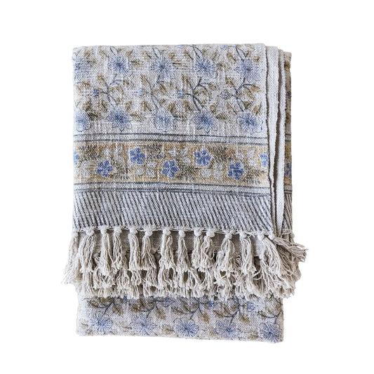 Handloom Cotton Block Print Throw Blanket- Blue & Golden Mustard