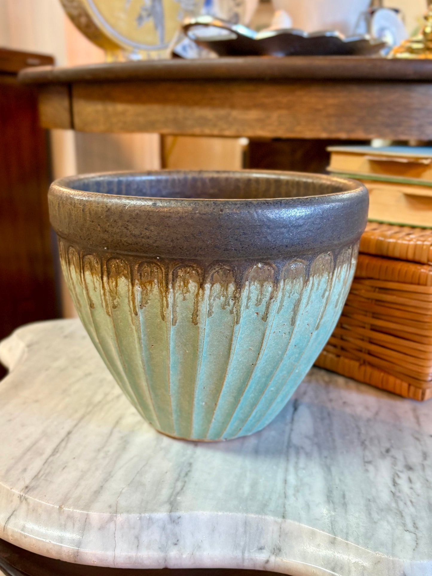 Fluted Ceramic Blue & Brown Planter
